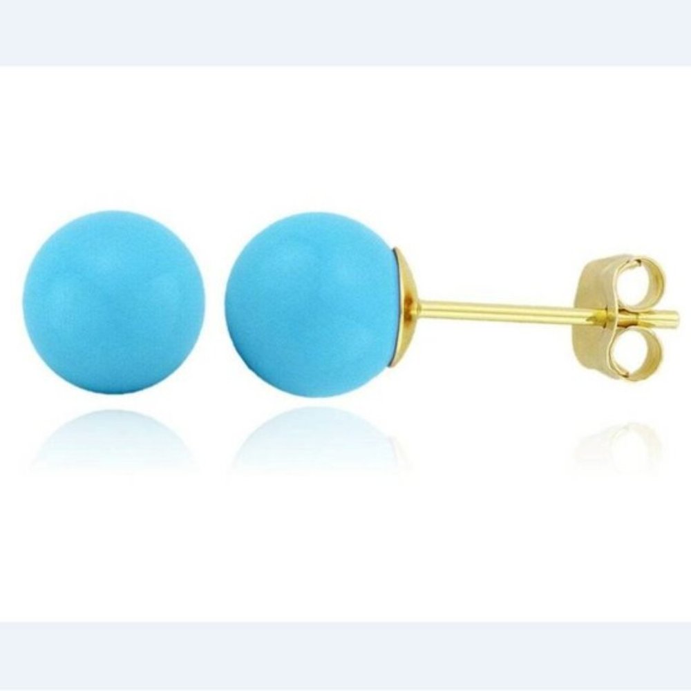 14k Solid Gold Turquoise Ball Push Back Stud Earr… - image 1